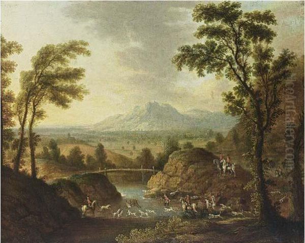 A Hilly Riverlandscape With A Stag Hunt Oil Painting by Johann Christian Fiedler