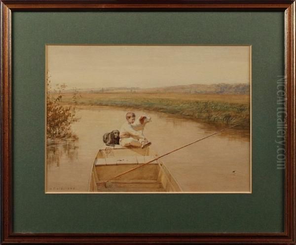 Boy With Dogs Fishing From A Boat Oil Painting by Walter Field