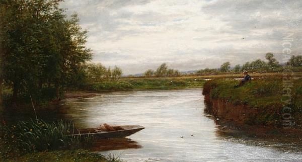 A Cloudy Day On The Riverbank Oil Painting by Walter Field