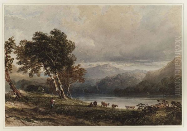 A Cowherd And His Herd Beside A Lake In A Mountainous Landscape Oil Painting by Anthony Vandyke Copley Fielding