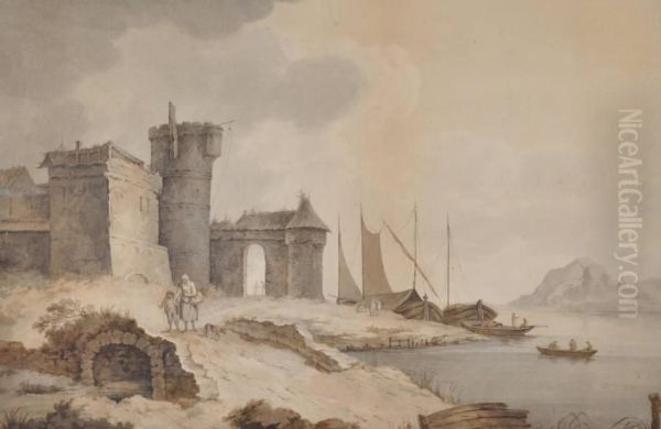 Figures Beside Castle Ruins On The Coast Oil Painting by Anthony Vandyke Copley Fielding