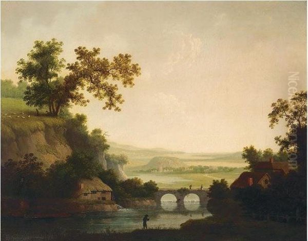 Extensive Landscape With Figures Crossing A Bridge Oil Painting by Nathan Theodore Fielding