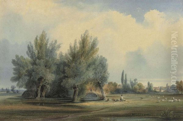 A Landscape In Northern France With A Shepherd And His Flock Beneath Pollarded Willows Oil Painting by Newton Fielding