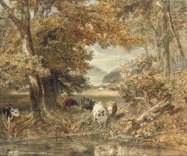 Cattle Watering At A Stream Oil Painting by Thales Fielding