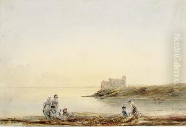 Fisherfolk Mending Nets, A Castle Beyond Oil Painting by Thales Fielding