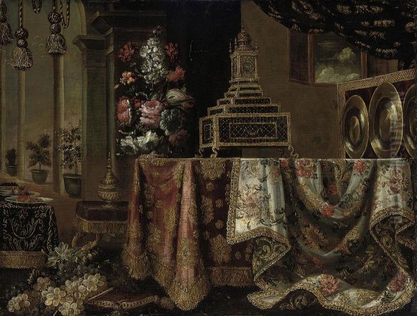 A Gilt Clock, An Urn With Flowers, Silver And Gold Plates On Adraped Table With Grapes On A Gold Trimmed Cushion Oil Painting by Francesco (Il Maltese) Fieravino