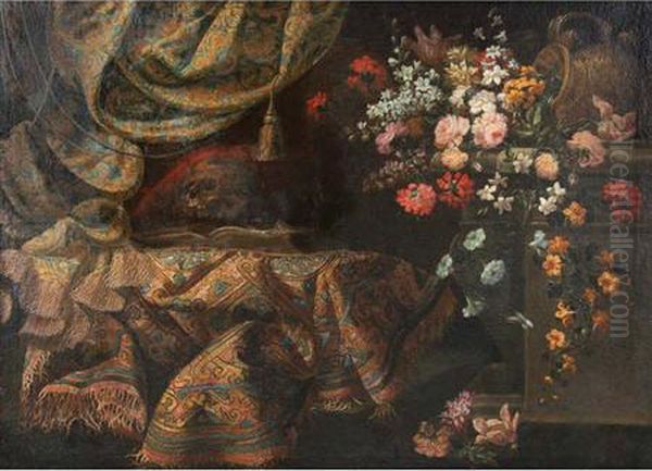 Still Life With An Overturned Urn, Flowers And A Skull Resting On A Book Oil Painting by Francesco (Il Maltese) Fieravino