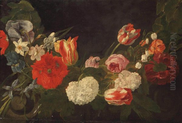 A Garland Of Tulips, Roses, Violets And Other Flowers Oil Painting by Joannes Fijt