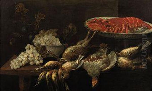 A Lobster On A Porcelain Plate, Grapes And Plums In A Porcelainbowl With Partridges, Bullfinches And Other Birds, All On A Woodentable Oil Painting by Joannes Fijt