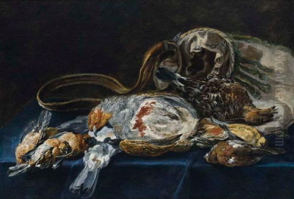 A Hunting Still Life With A Partridge, A Bull Finch And Other Birds Together With A Hunting Bag, All On A Blue Draped Table Oil Painting by Joannes Fijt