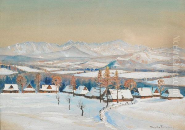 Snow Covered Village Oil Painting by Mieczyslaw Filipkiewicz