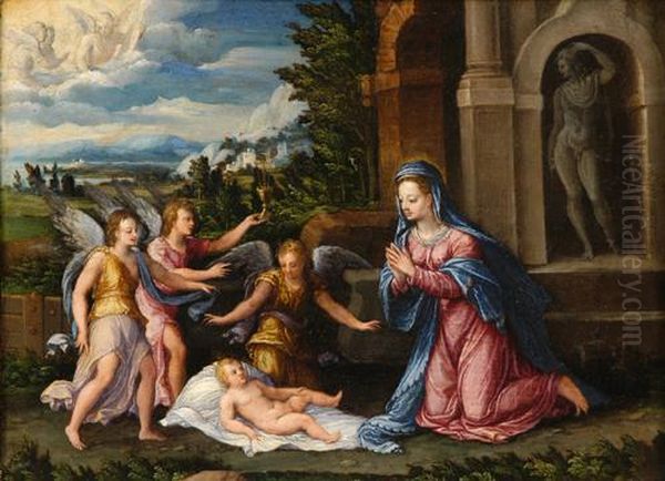 Madonna Con Bambino E Angeli In Un Paesaggio Oil Painting by Camillo Filippi (Ferrara)