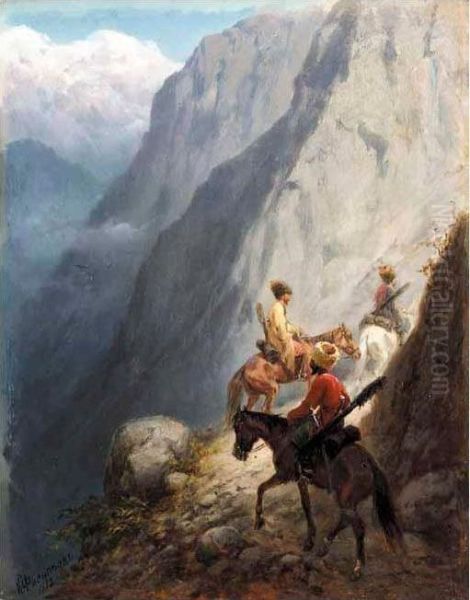 Mounted Cossacks In The Mountains Oil Painting by Konstantin Nikolaevich Filipov