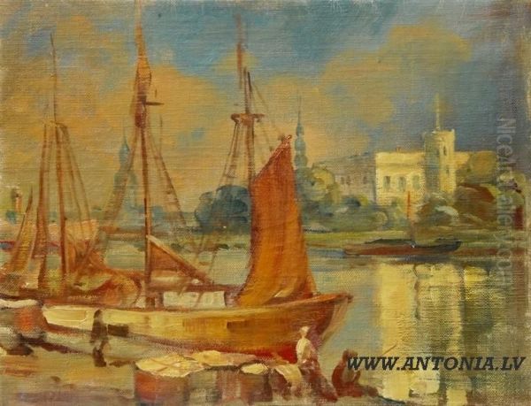 View From Agenskalna Bay Oil Painting by Alberts Filka