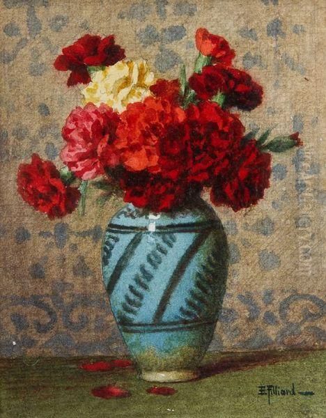 Bouquet D'oeillets Au Vase Bleu Oil Painting by Ernest Filliard