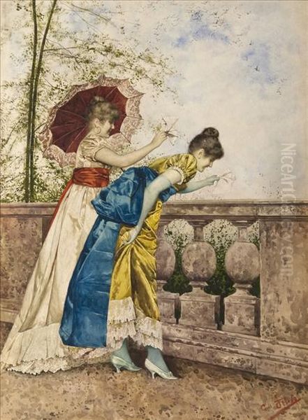 Young Ladies Waving From The Terrace Oil Painting by Giovanni Battista Filosa