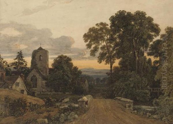 A Lone Figure On A Bridge Overlooking A Sleepy Village Oil Painting by Francis Oliver Finch