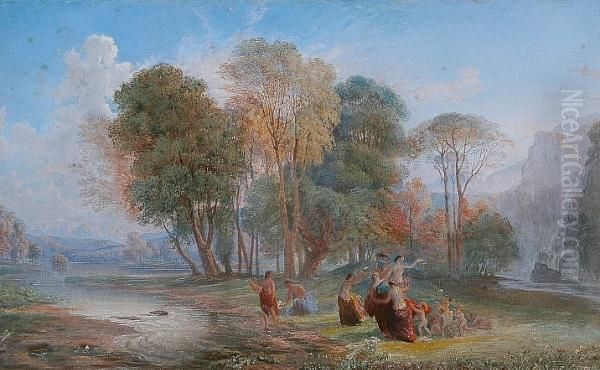 A Claudian Landscape With Dancing Nymphs And Cherubs Oil Painting by Francis Oliver Finch