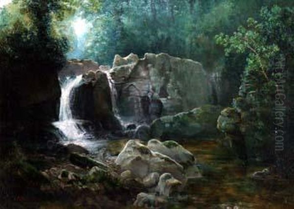 A
Waterfall In A Wooded River Landscape Oil Painting by Thomas Finchett