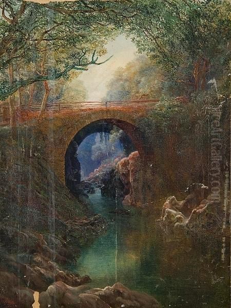 Roman Bridge North Wales Oil Painting by Thomas Finchett