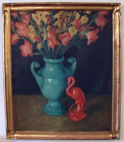 Floral Still Life With Ceramic Flamingo Oil Painting by Edward Francis Finden