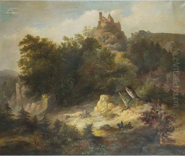 Mountainous Landscape With A Knight And His Squire Approaching A Castle Oil Painting by Ernest Finkernagel