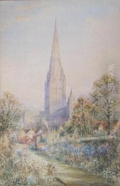 Salisbury Cathedral From A Garden In The Close Oil Painting by Herbert John Finn