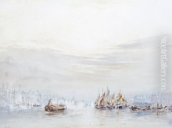 Barges On The Thames Oil Painting by Herbert John Finn