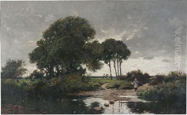 Country Landscape With Sheep And Woman On A Riverbank Oil Painting by John Finnie