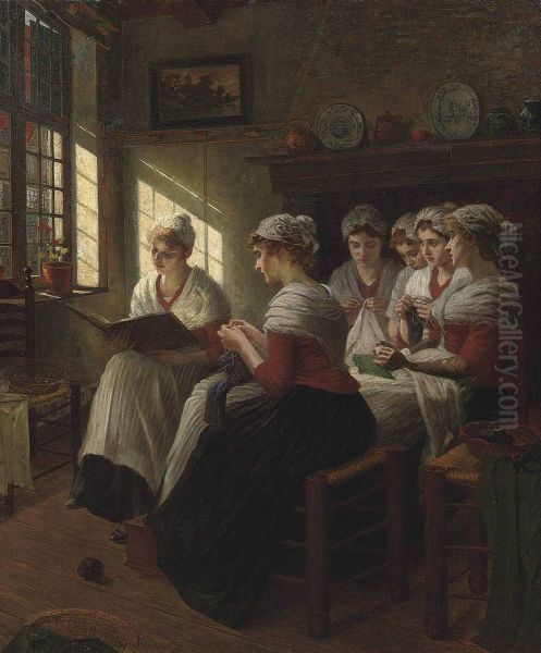 Girls Knitting In The Sunlight Oil Painting by Walther Firle