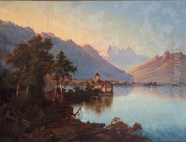 An Extensive Landscape With Lake Geneva And The Chateau De Chillon In The Foreground Oil Painting by Joseph Firmenich