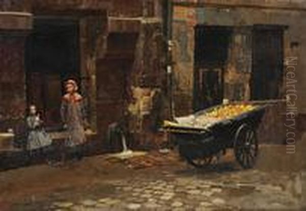 Strassenszene Mit Zwei Madchen Und Marktwagen Oil Painting by Marie-Francois-Firmin Girard