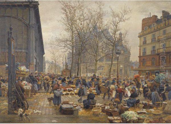 Autumn Market At Les Halles Oil Painting by Marie-Francois-Firmin Girard