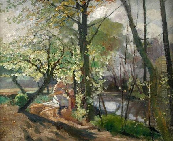 A Girl Reading By A Lakeside Oil Painting by Claude Firmin-Goy