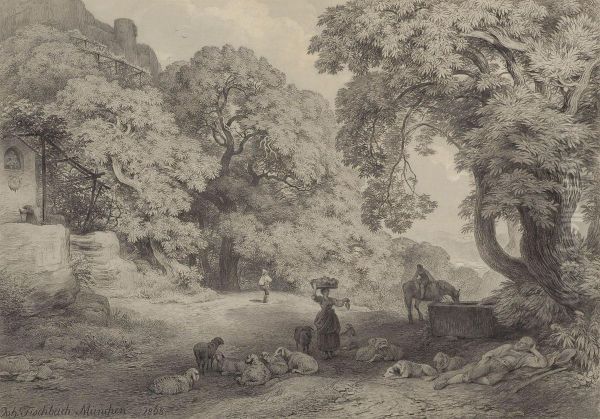 Hirtenidyll Inbaumlandschaft Oil Painting by Johann Heinrich Fischbach