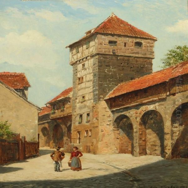 Cityscape From Nurenberg With Couple By Town Wall Oil Painting by August Fischer