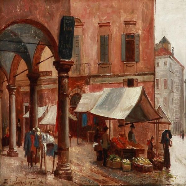 A Market In Lugano, Switzerland Oil Painting by August Fischer