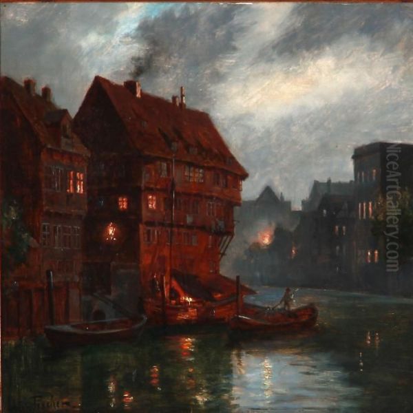 Evening Atmosphere In Nuremberg, Germany Oil Painting by August Fischer