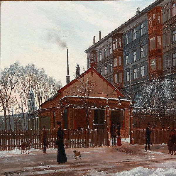 Street Scape From Copenhagen At Wintertime Oil Painting by August Fischer