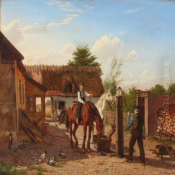 The Horses Are Being Watered On A Sunlitt Farmyard Oil Painting by August Fischer