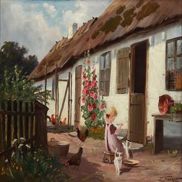 A Girl Gives The Cats Milk In Front Of A Thatched Farmerhouse Oil Painting by Edmund Fischer