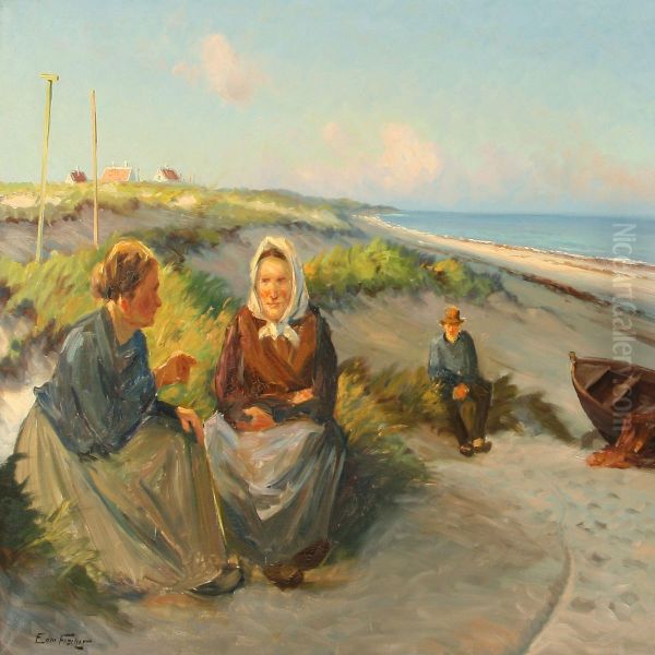 Evening Chat On Abeach At Sunset Oil Painting by Edmund Fischer