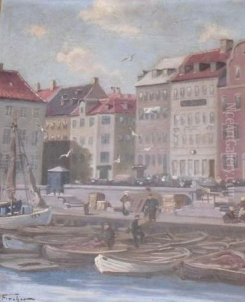 Figures On A Quay With Boats Oil Painting by Edmund Fischer