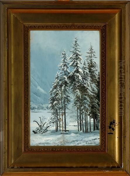 Scenery At A Mountain Lake Oil Painting by Hans Christian Fischer