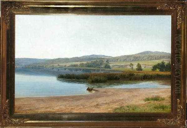 A Calm Day By A Lake In Jutland, Denmark Oil Painting by Hans Christian Fischer