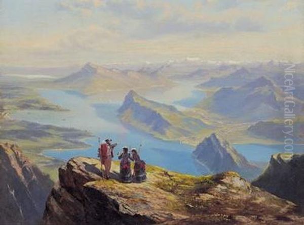 Sicht Vom Pilatus Auf Den Vierwaldstattersee. Oil Painting by Heinrich Fischer