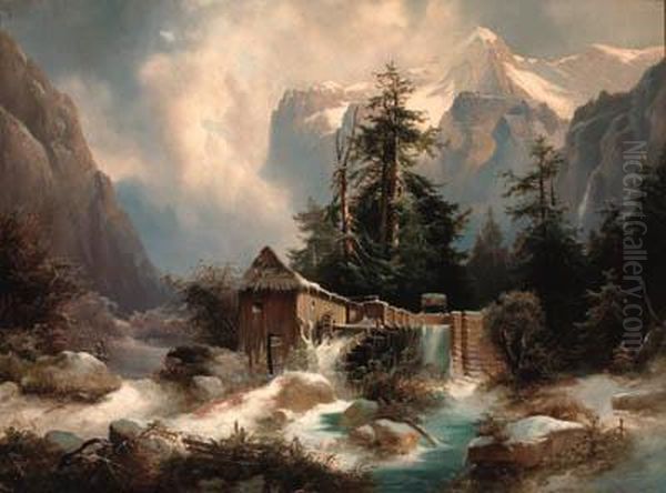 A Watermill In An Alpine River Landscape Oil Painting by Heinrich Fischer