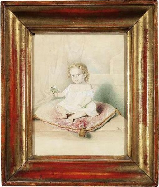 Portrait Of A Child Sitting On A Red Pillow Oil Painting by Leopold Fischer