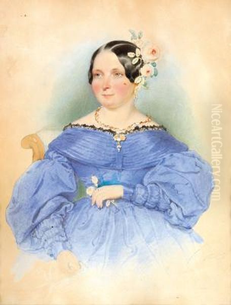 Dama In Abito Blu Oil Painting by Leopold Fischer