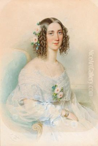 Dama In Abito Bianco Con Rose Nei Capelli Oil Painting by Leopold Fischer